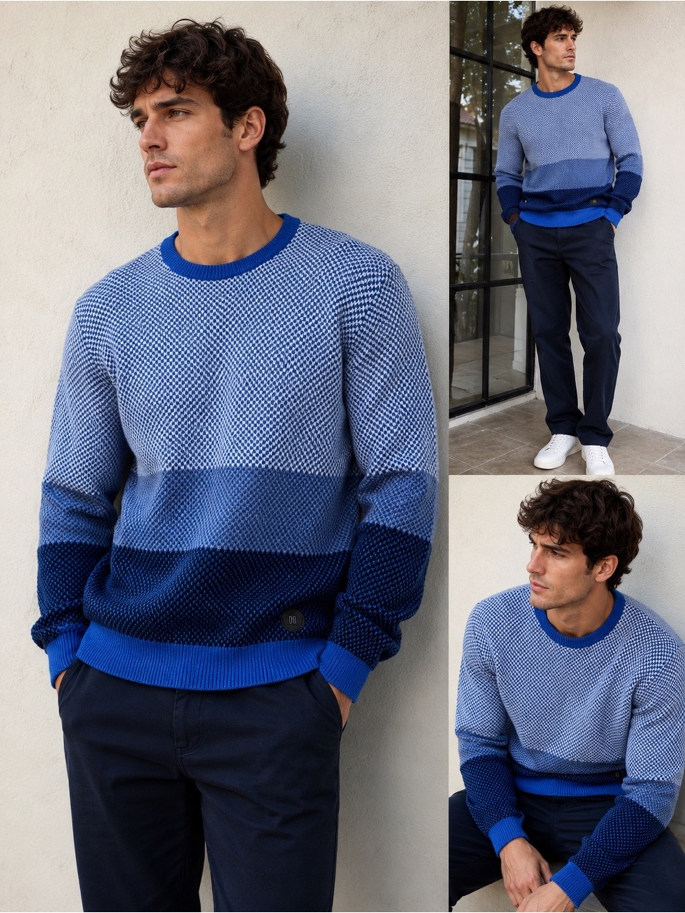 Dirk Bikkembergs Mens Blue Colorblock Birdseye Knit size Large Wool Sweater